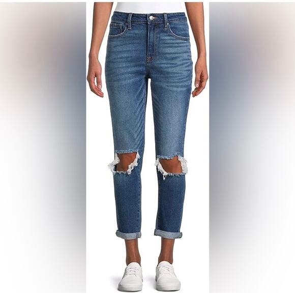 No Boundaries Jr Size 21 Jeans Super High Rise Mom Destructed Relaxed Dark Wash - Picture 1 of 13